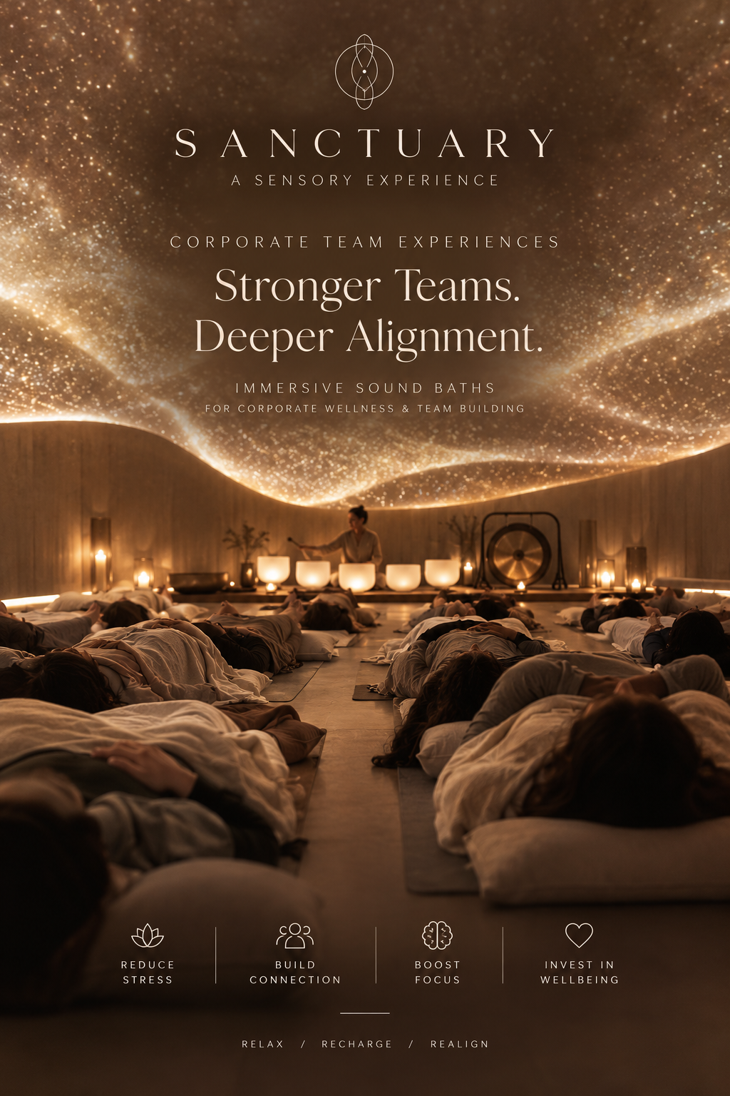 A group of people lying down on mats in a dimly lit room with a starry ceiling, participating in a sound bath experience for corporate wellness and team building.