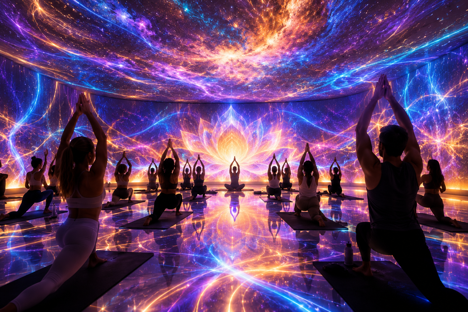 A group of people practicing yoga in a room with walls and ceiling displaying a vibrant, cosmic-style digital projection of colorful galaxy, stars, and a lotus flower, with reflections on the shiny floor.