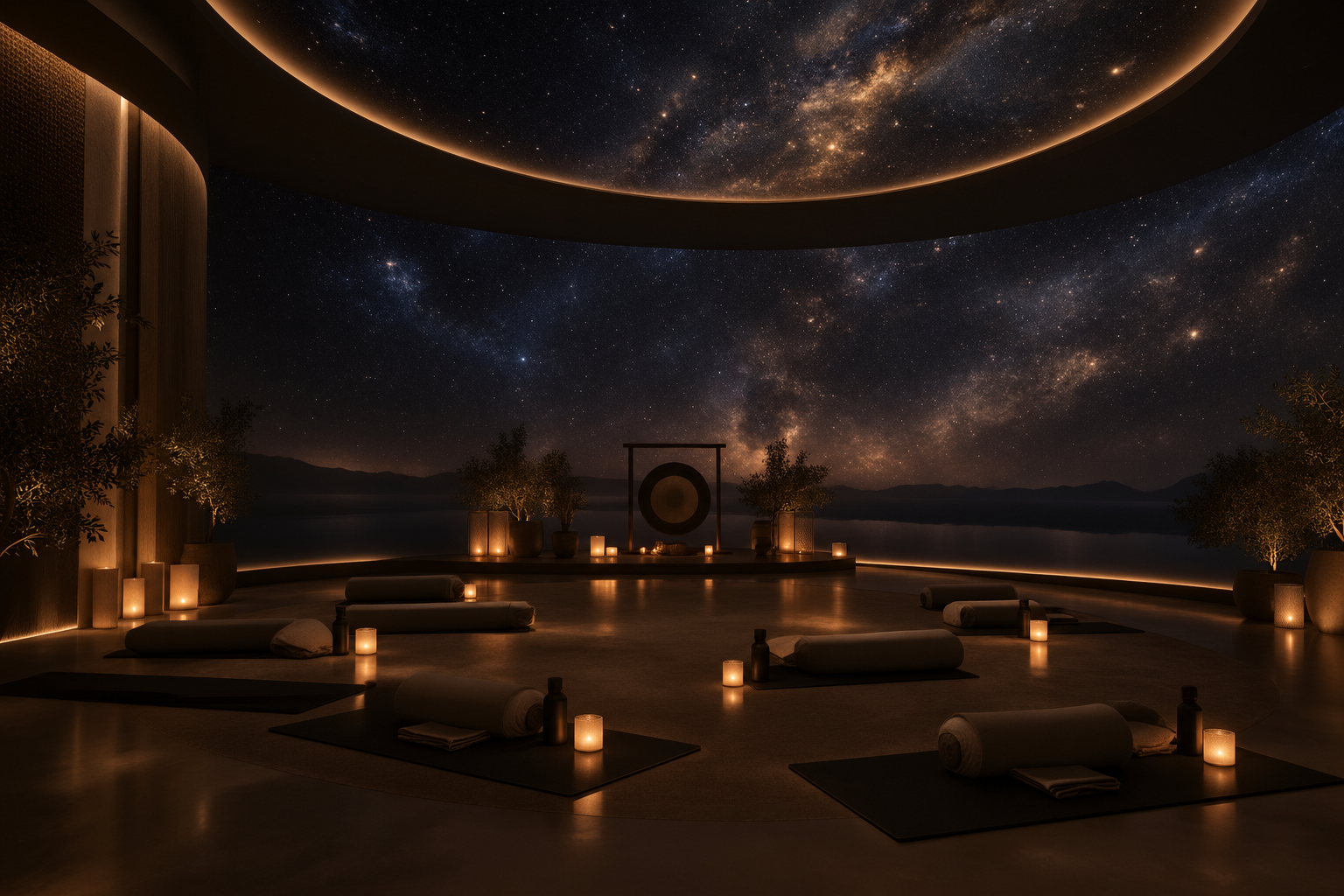 Indoor wellness space with yoga mats, rolled towels, candles, and potted plants, overlooking a starry night sky with the Milky Way, and a large gong centerpiece.