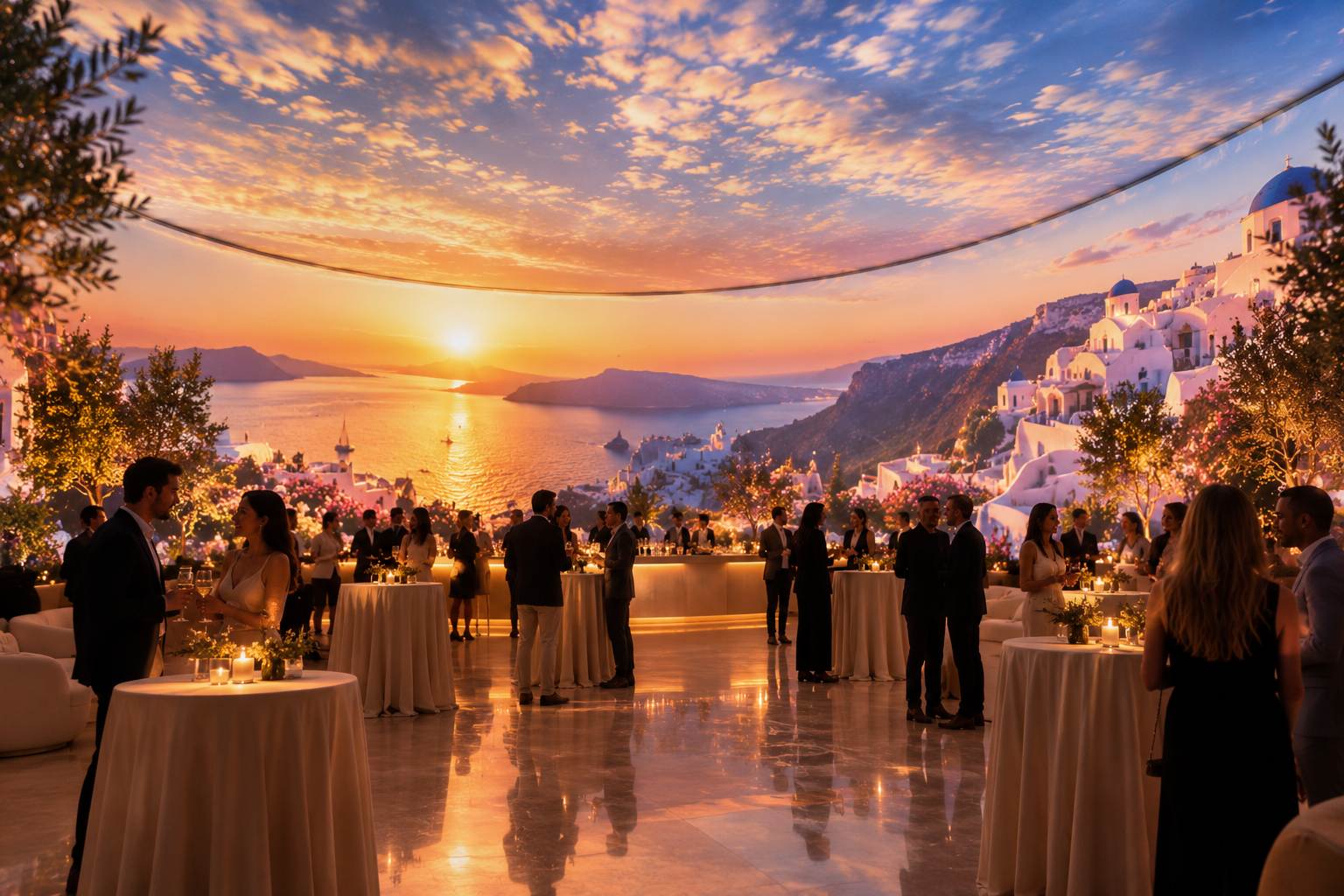 A social gathering at sunset overlooking a coastal town with white buildings on cliff sides, with guests standing around high tables with candles and decor, and a scenic ocean view in the background.