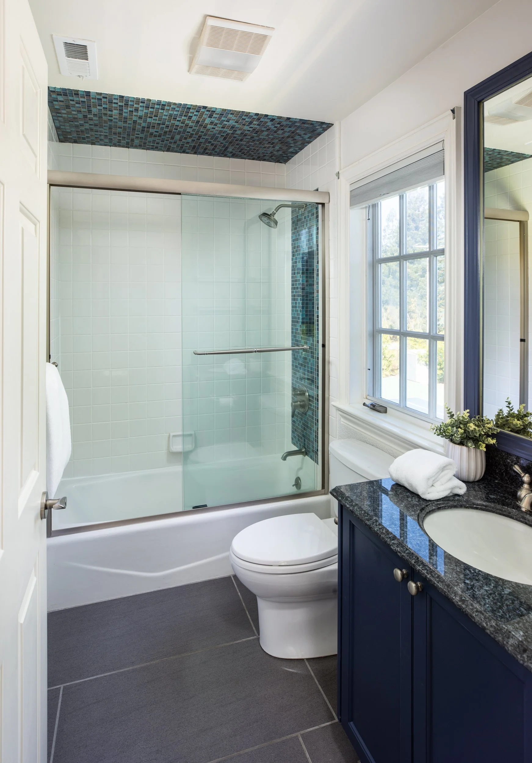 Bathroom with a shower, toilet, dark blue vanity with granite countertop, framed window, and decorative plants.