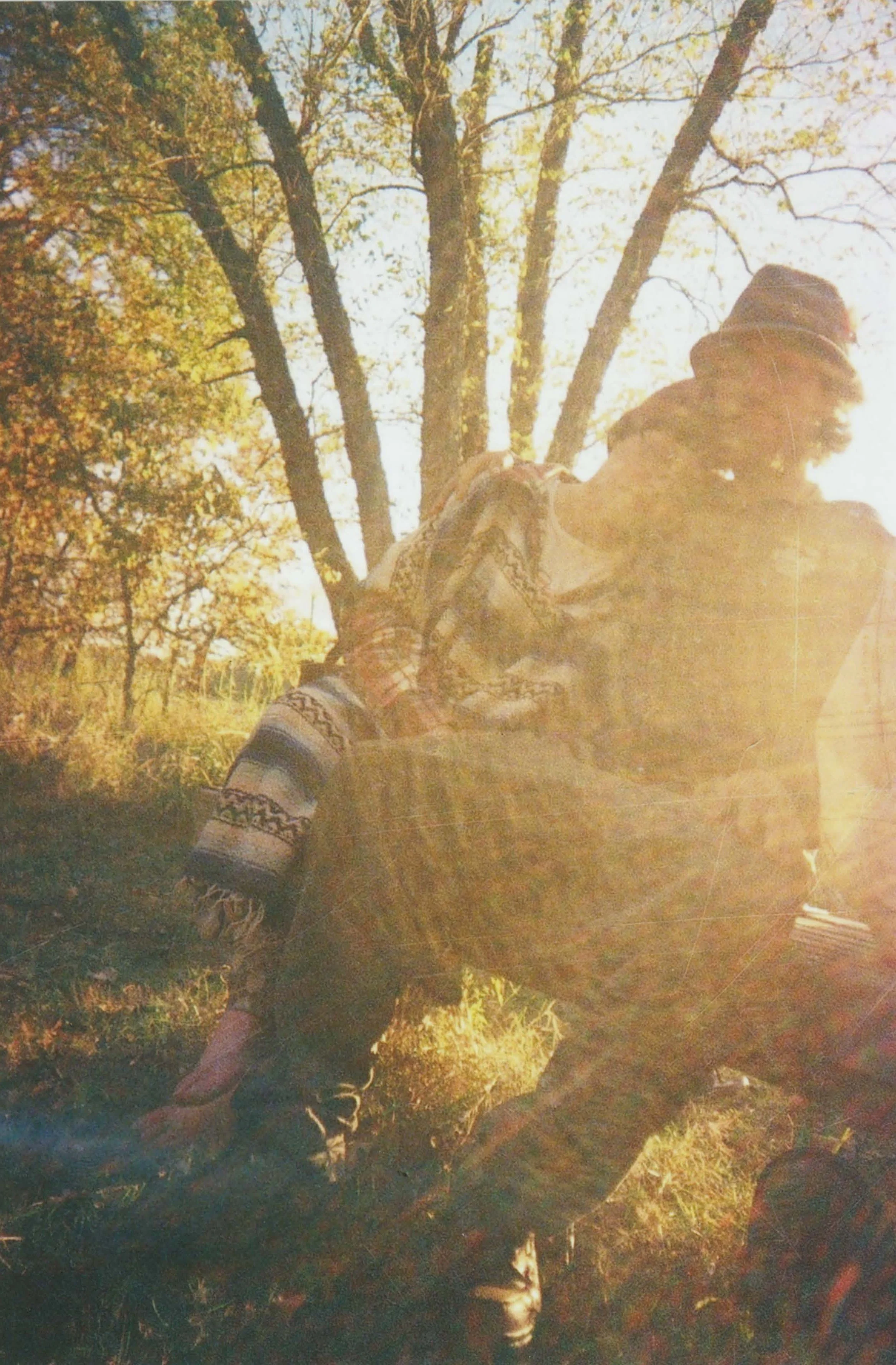 Person wearing a hooded jacket and patterned pants sitting on a log in a forest with tall trees and sunlight filtering through the leaves.