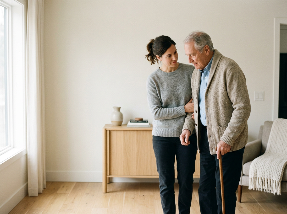 A young woman helps an elderly man walk with a cane in a cozy, well-lit living room.