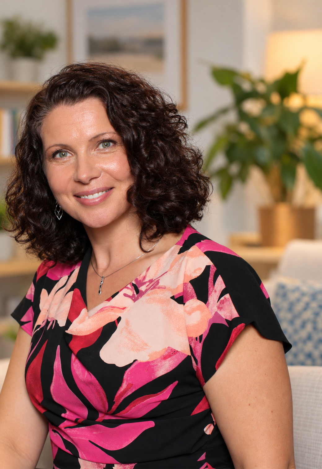 Irina Neymark, Registered Associate Marriage and Family Therapist, smiling in a warmly lit indoor setting.
