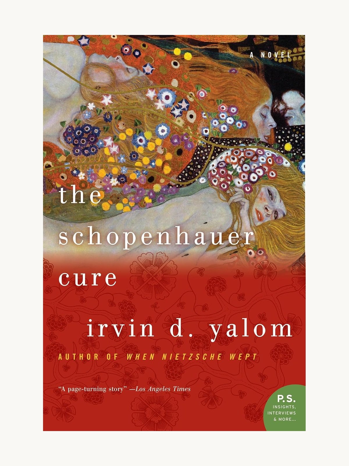 Book cover for 'The Schopenhauer Cure' by Irvin D. Yalom. The cover features a painting of a woman with red hair lying down, surrounded by colorful flowers.