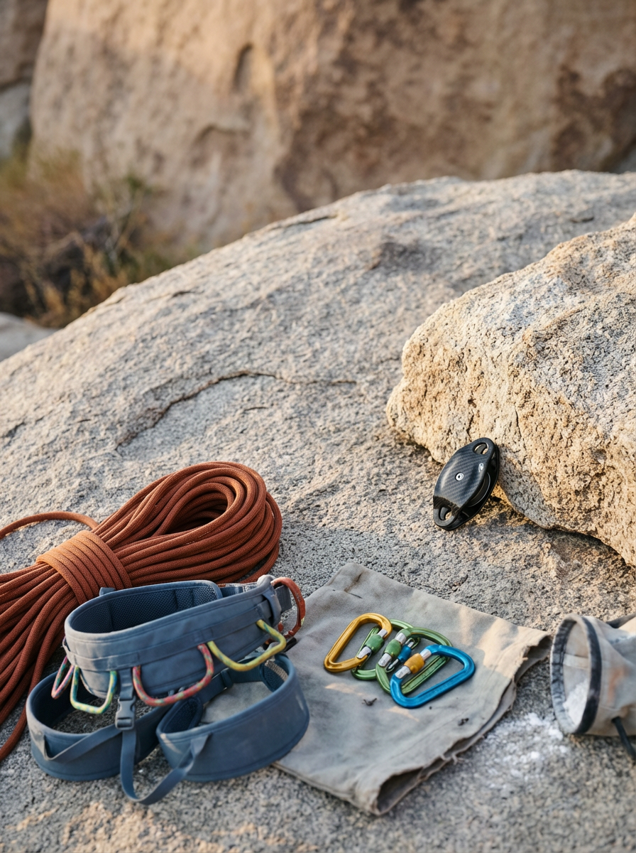 Climbing gear including a coiled orange rope, a blue harness with carabiners, a folded cloth, and several colorful carabiners on a rock surface.