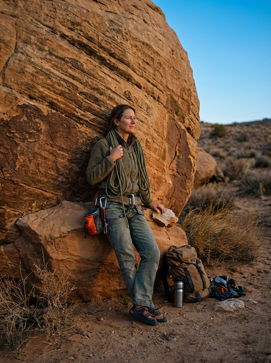 A woman sitting on a rock in a desert landscape at sunset, wearing outdoor clothing and holding climbing gear, with a backpack and water bottle nearby.