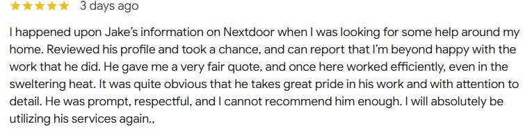 Customer review on Nextdoor praising Jake for his professional and efficient service.