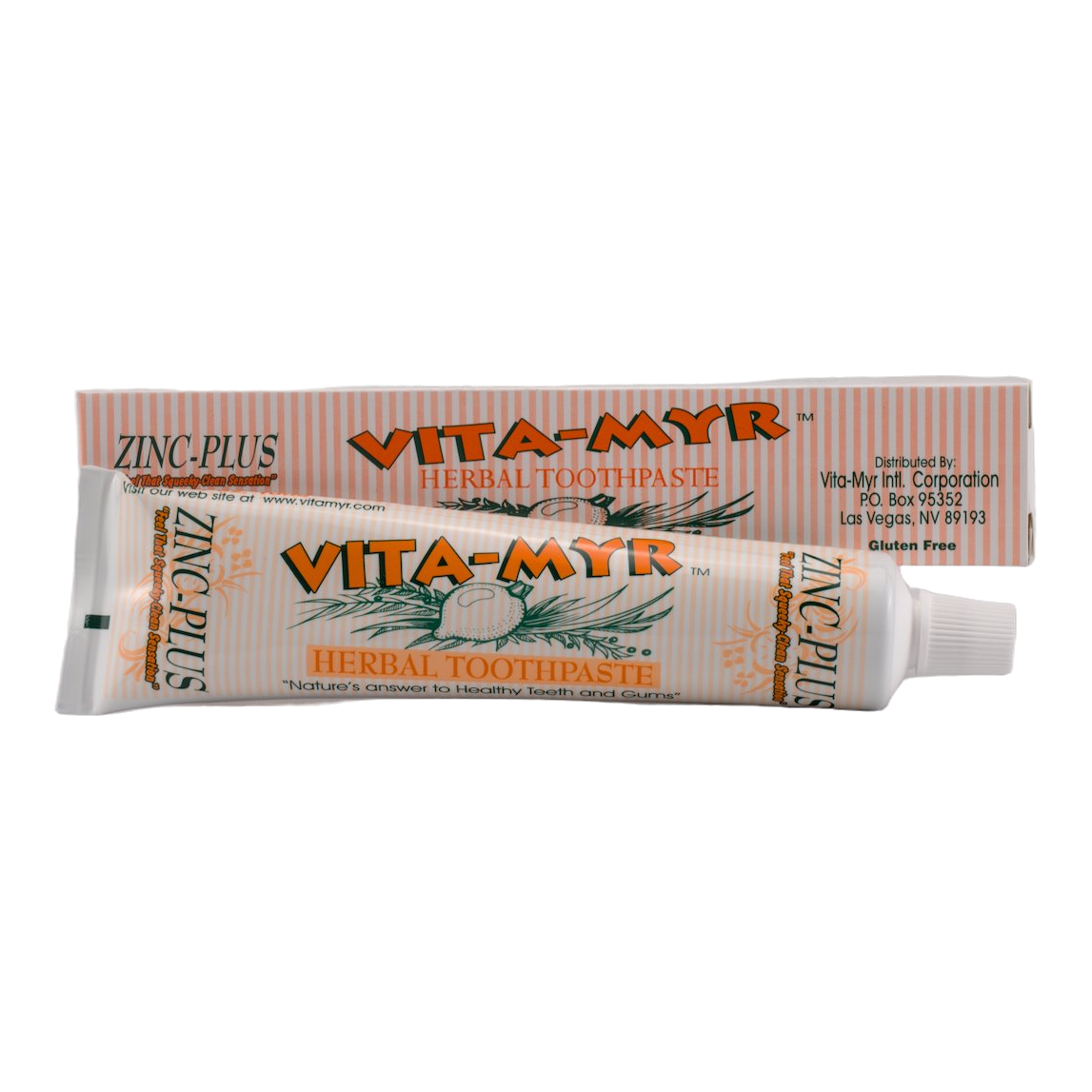 Vita-Myr Original Zinc+ Toothpaste, one 4 oz tube with orange-striped box