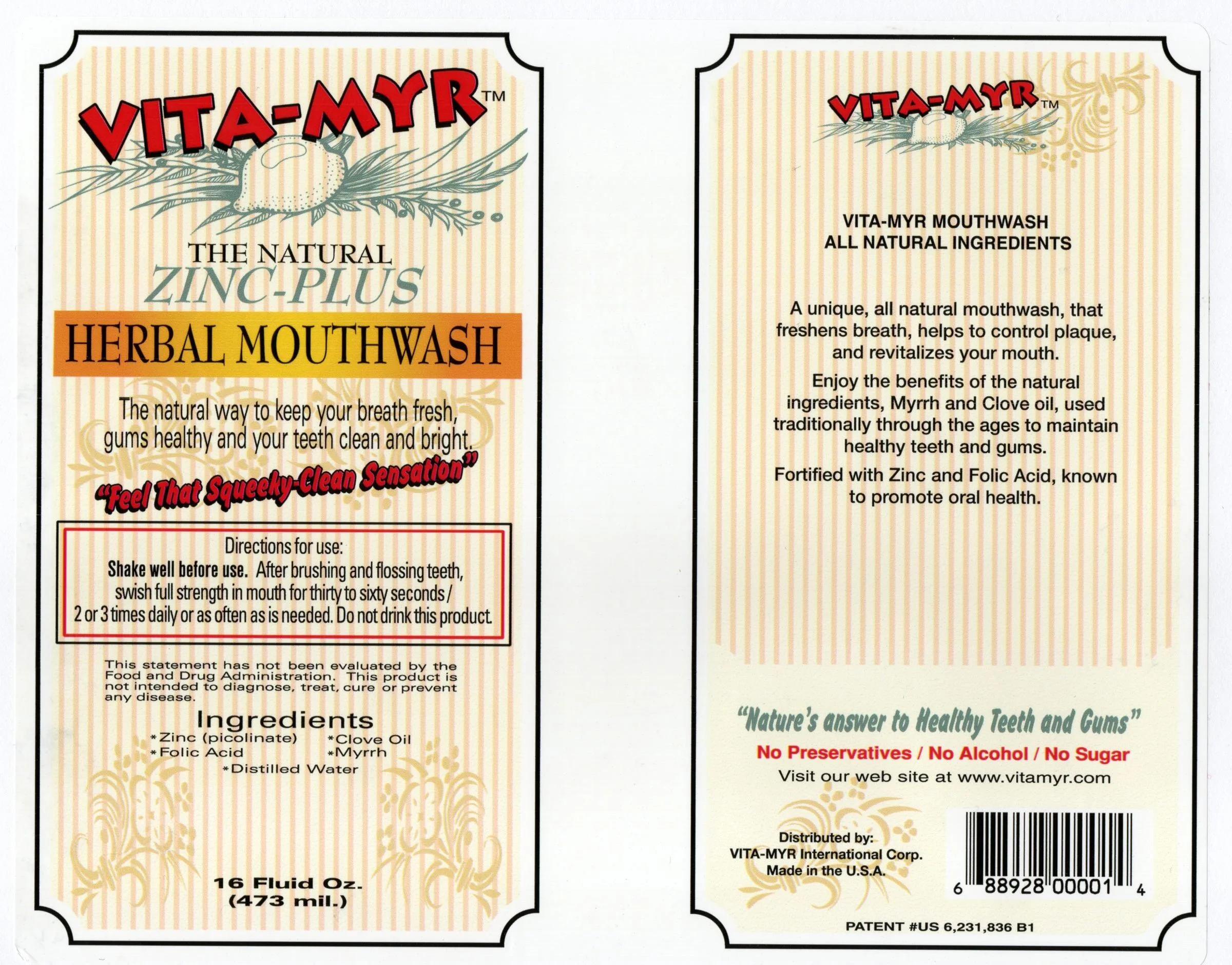 Vita-Myr Herbal Mouthwash 16 oz label with ingredients and directions