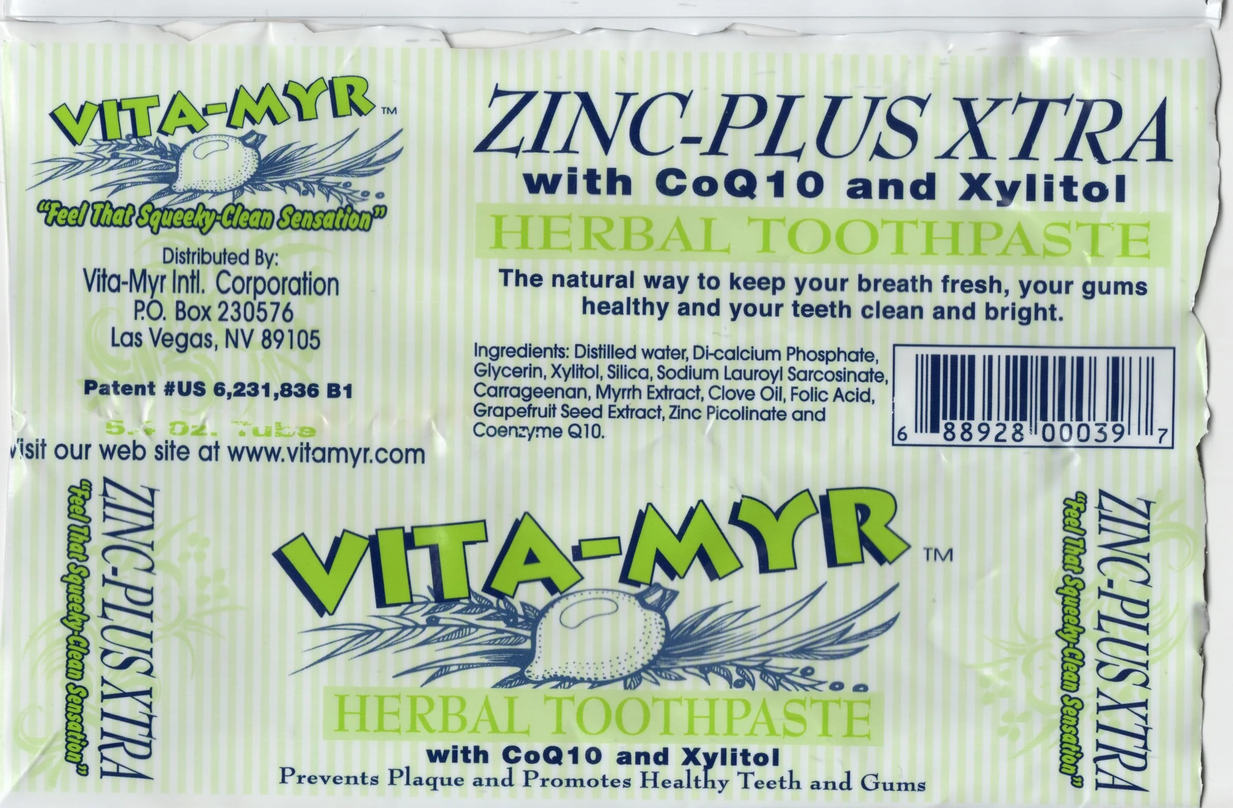 Vita-Myr Zinc+ XTRA Toothpaste – 5.4 oz — product label