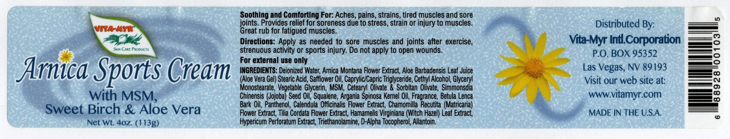 Vita-Myr Arnica Sports Cream – 4 oz — product label