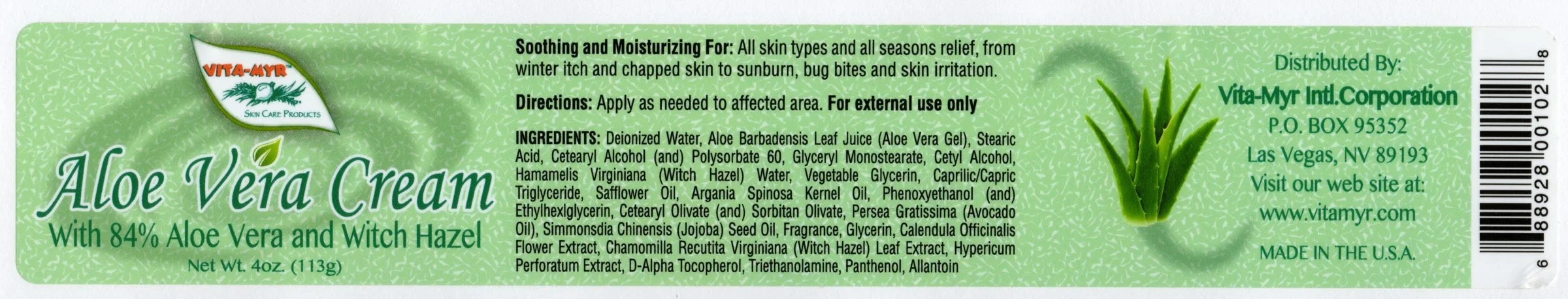 Vita-Myr Aloe Vera Cream – 4 oz — product label