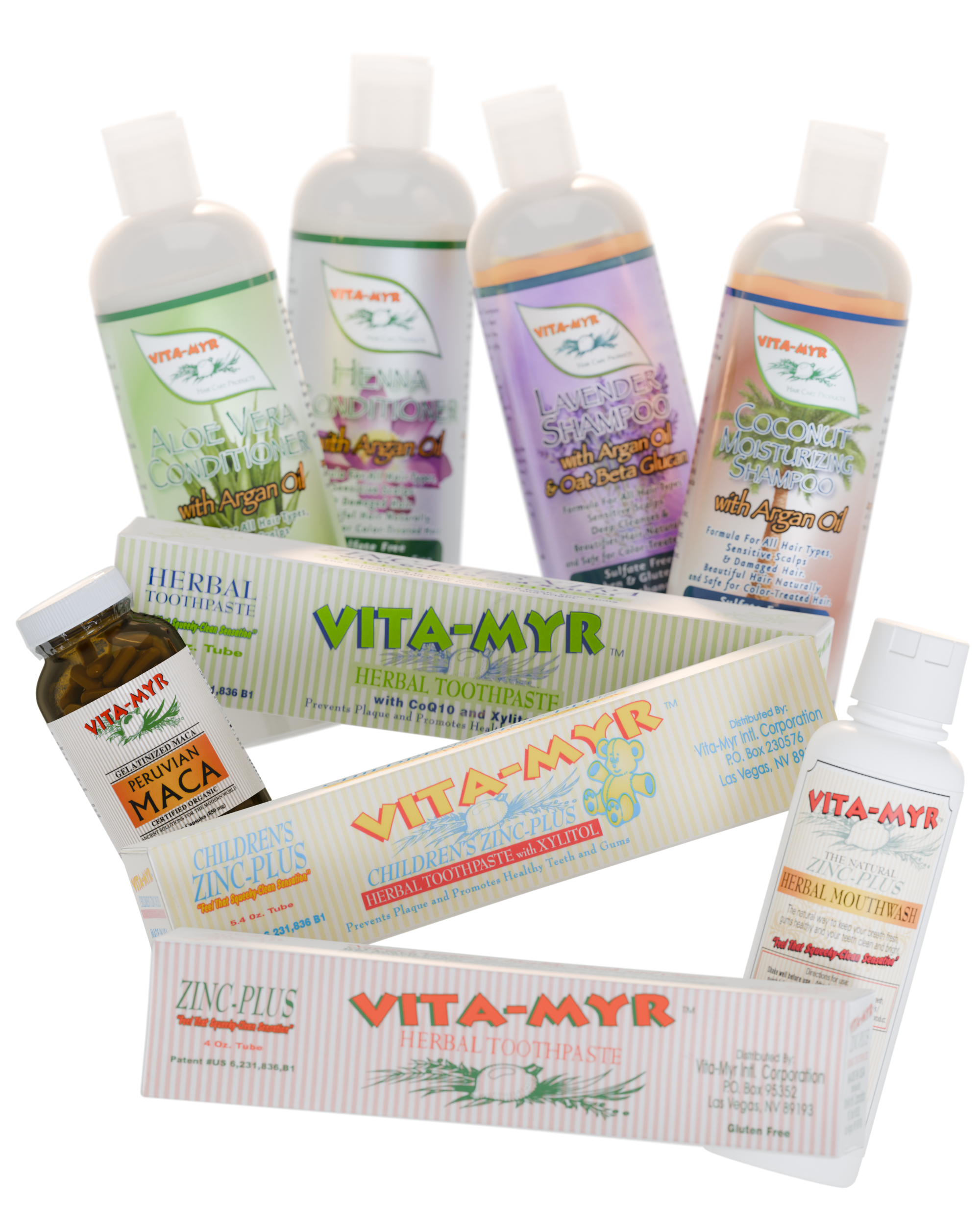 Vita-Myr mouthwash, toothpaste, hair care, creams and maca product lineup