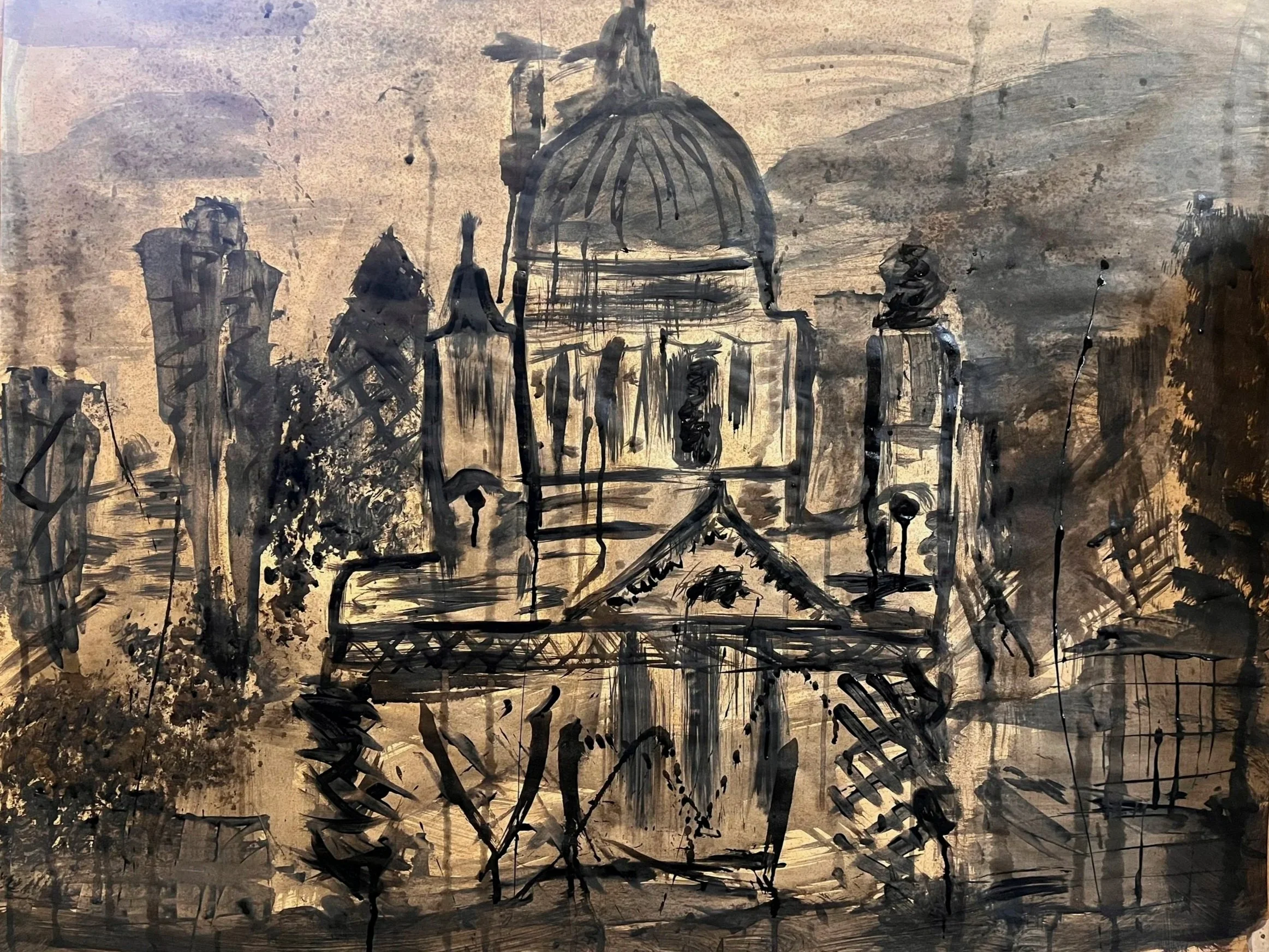 Expressionist City of london Skyline painting done in black ink
