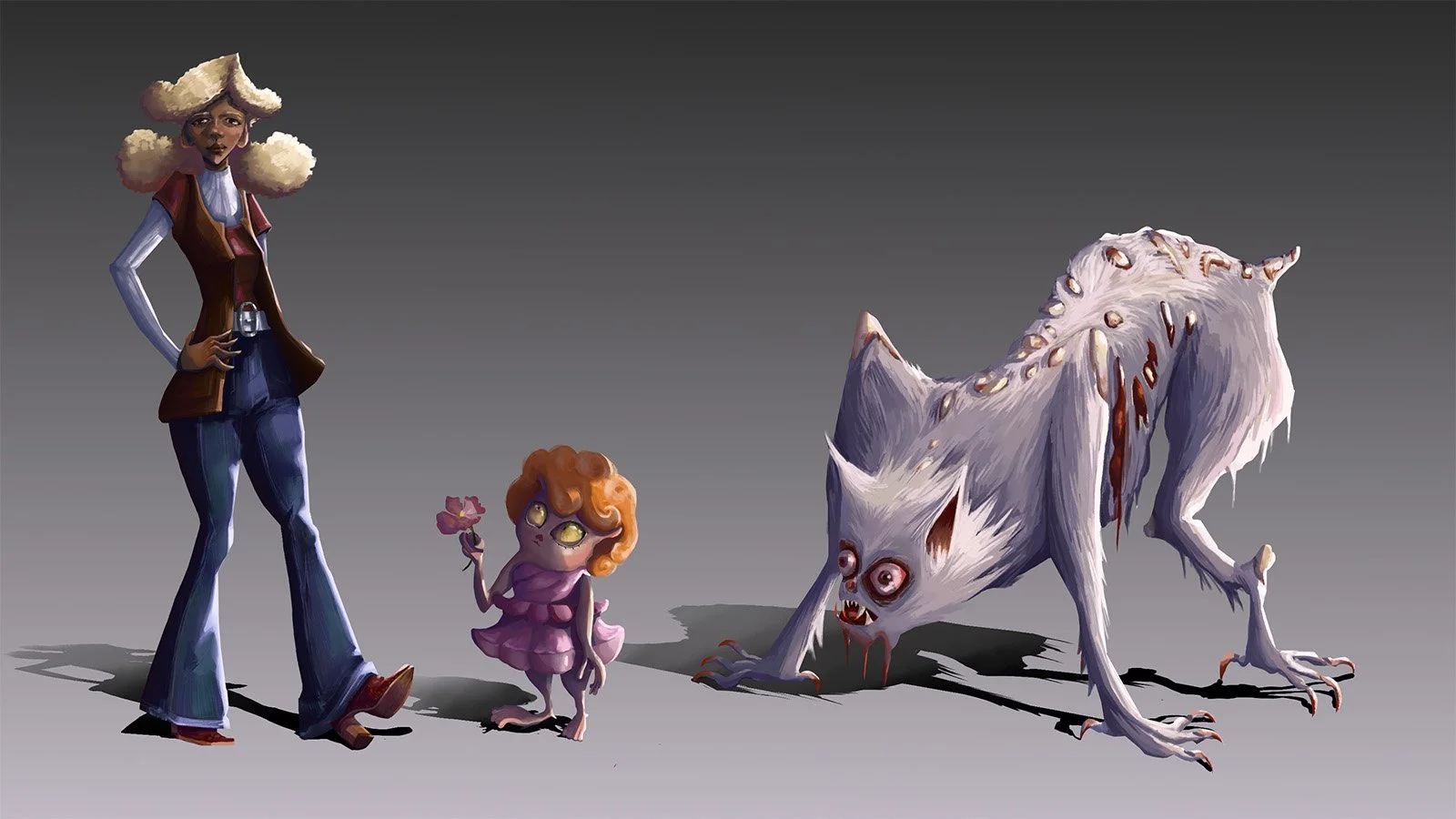 Illustration of three characters: a human woman with cloud-like hair, a small girl with curly orange hair holding a pink flower, and a large,monster-like creature with white fur, multiple eyes, and a menacing expression, set against a gray background