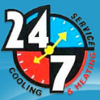 A circular logo with the numbers 24 and 7, divided into three colored sections: blue, red, and yellow. The blue section contains the text 'SERVICE,' the red section has '& HEATING,' and the yellow section has 'COOLING.'
