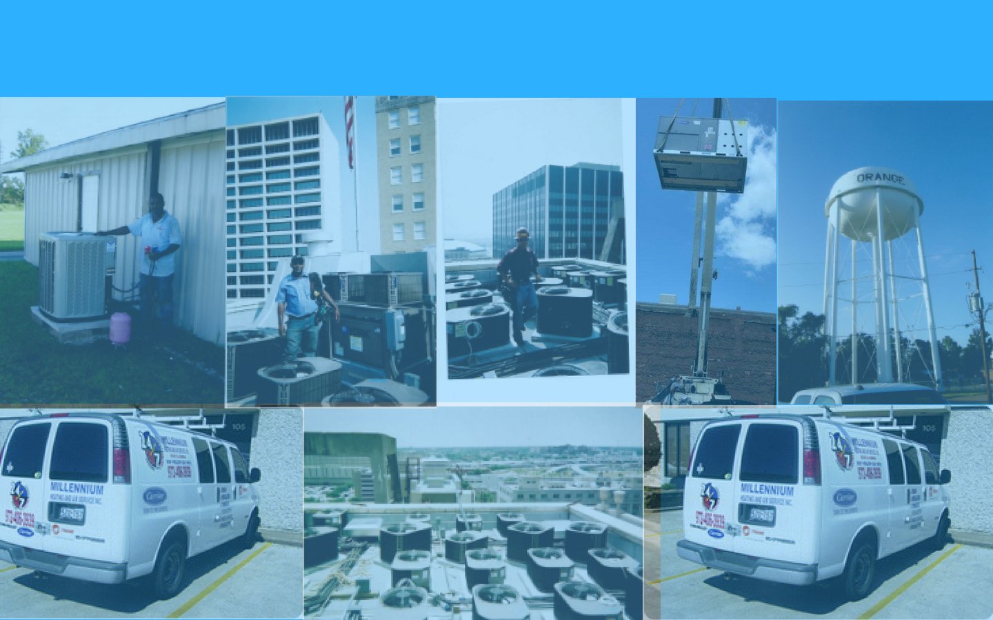 Collage of images showing HVAC technicians working on air conditioning units, a maintenance van with company branding, and a water tower with the word 'Orange' on it.