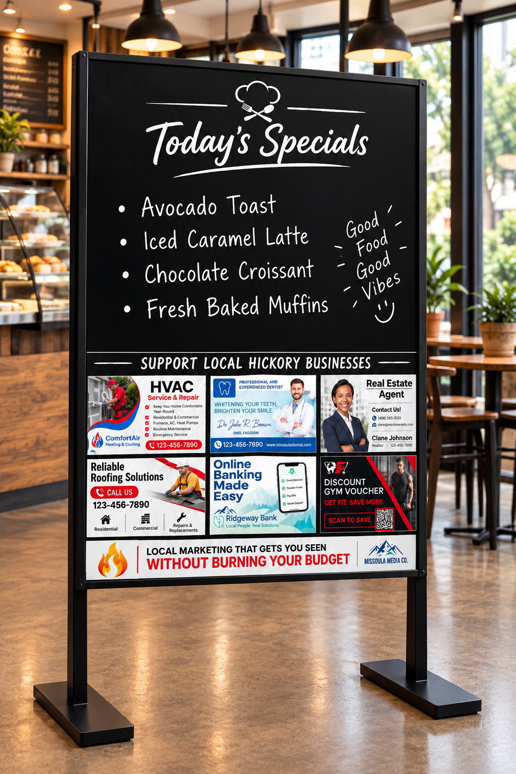 A blackboard sign inside a cafe displaying today's specials: avocado toast, iced caramel latte, chocolate croissant, and fresh baked muffins, with positive notes about good food and vibes. The sign also includes advertisements for local businesses such as HVAC services, dental care, real estate, roofing solutions, online banking, gym discounts, and a marketing company, with contact information and logos.