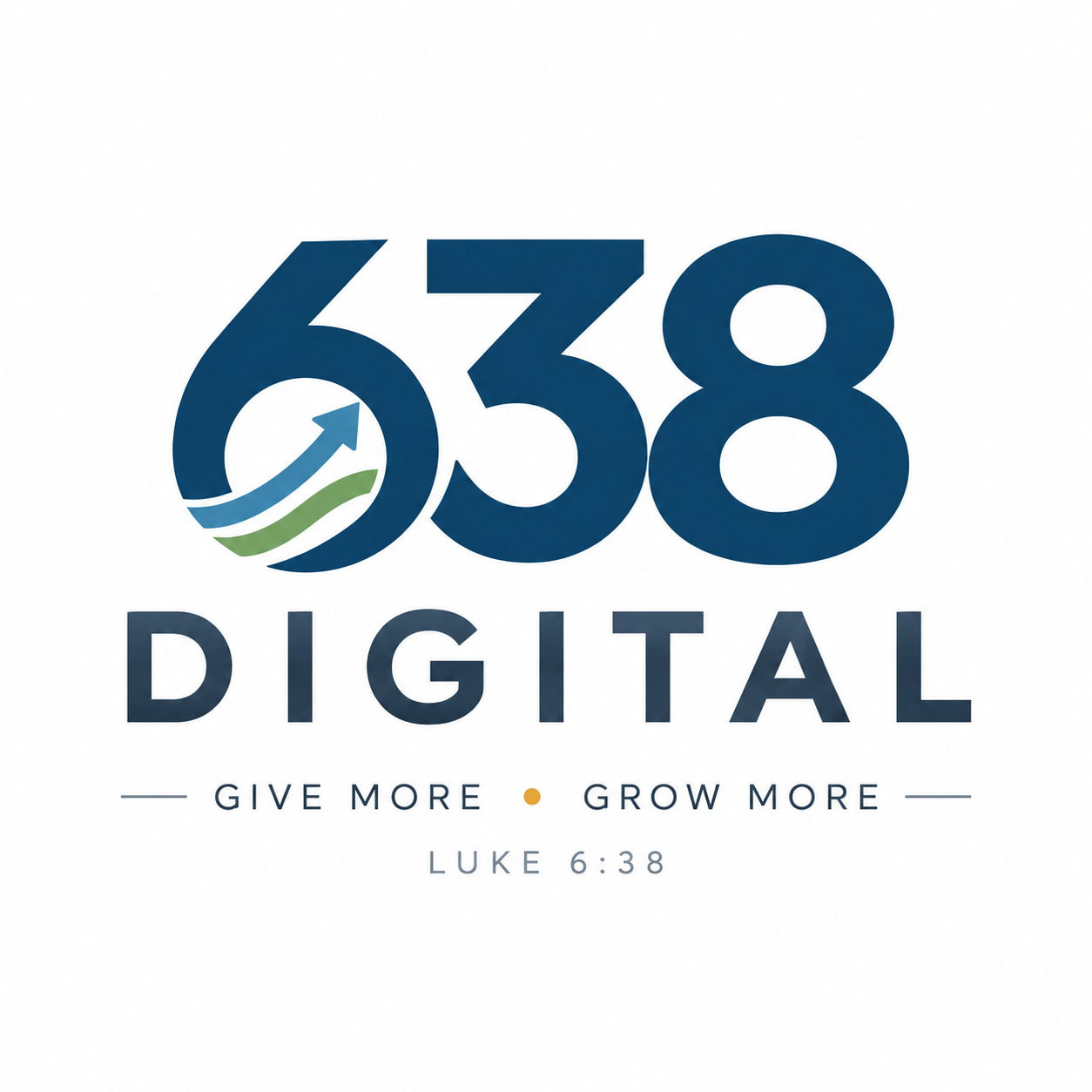 Digital logo with the number 638 and the words 'Give More, Grow More' and a Bible verse reference Luke 6:38.