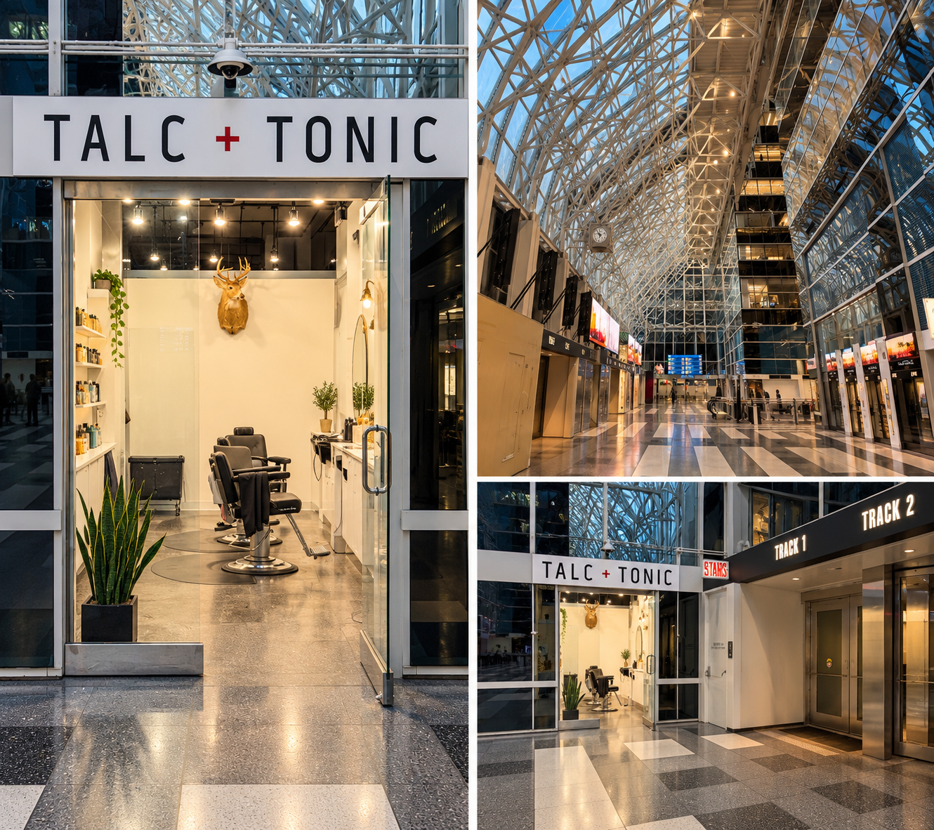 Talc + Tonic men's barbershop storefront inside Ogilvie Transportation Center, 500 W Madison, Chicago