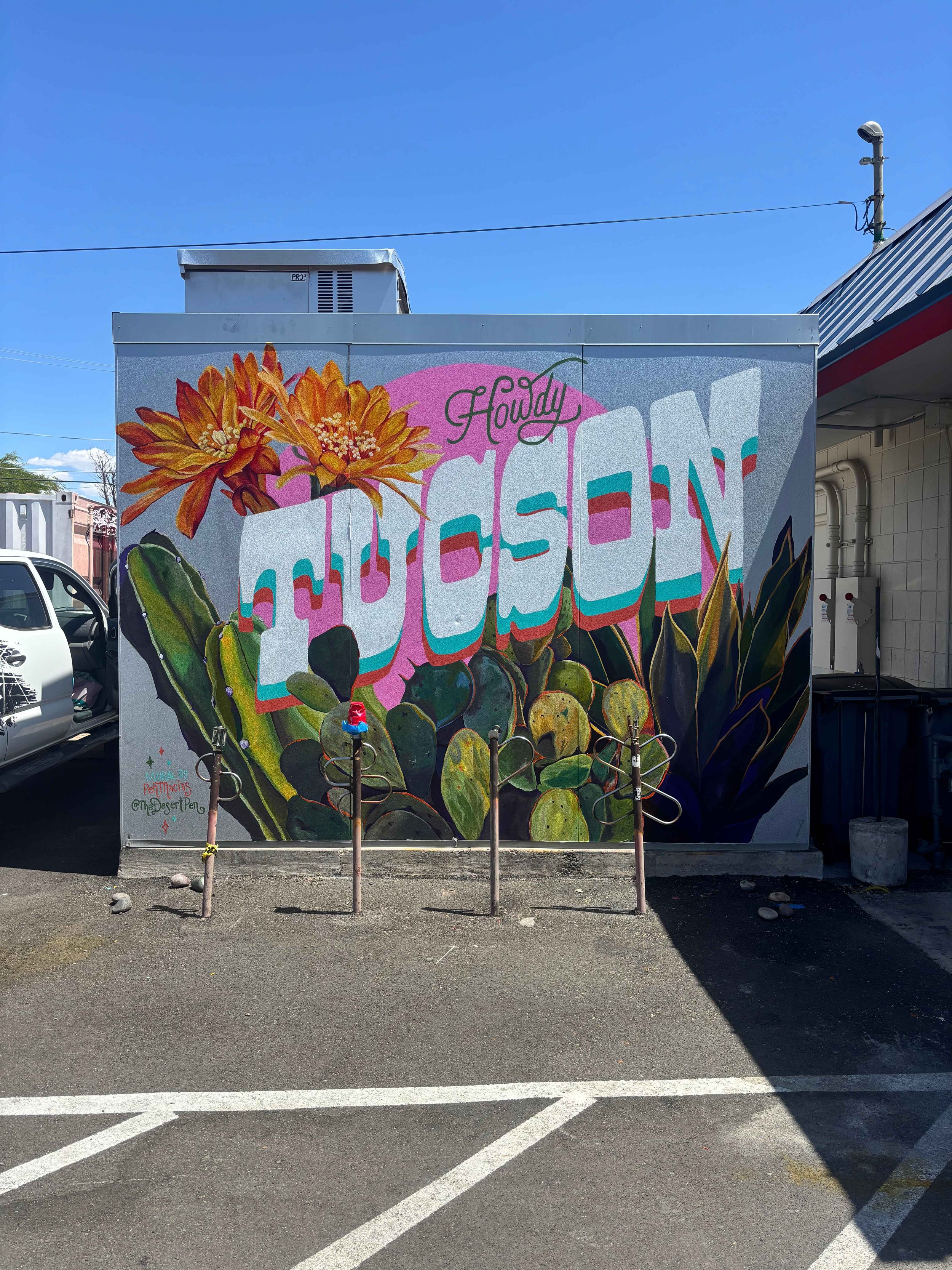 Colorful mural with the words "Howdy, MEXICAN" in large letters, surrounded by orange flowers and green cacti, painted on the side of a building in a parking lot.