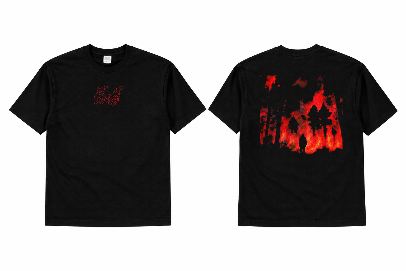 T-shirts noirs, forêt en flammes.png