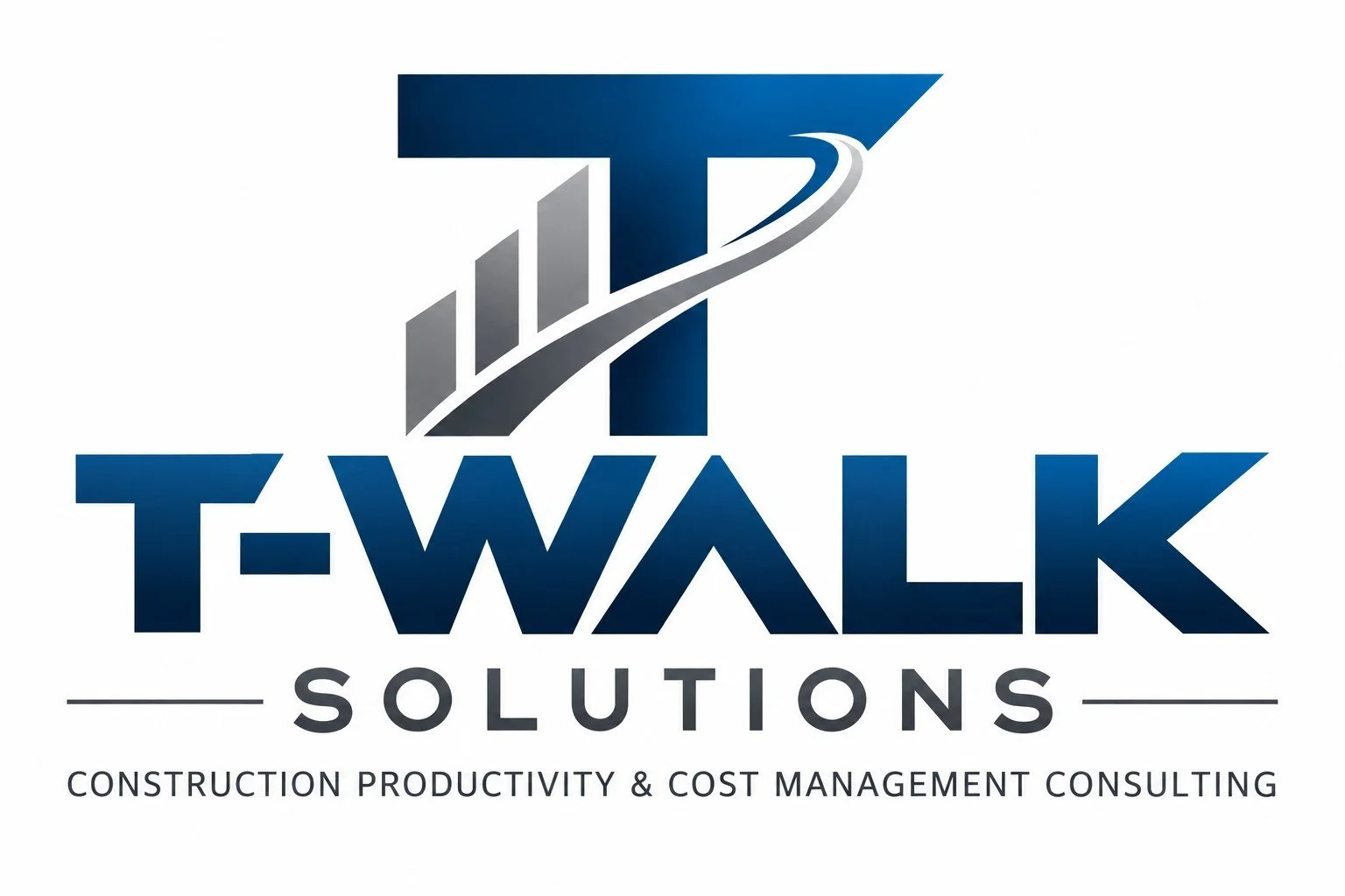 Logo for T-Walk Solutions featuring a stylized letter T and an upward arrow with a curved line, and text indicating construction productivity and cost management consulting.