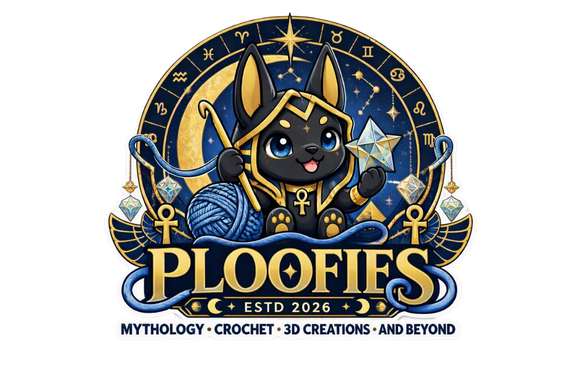 A cartoon black cat dressed as Egyptian pharaoh with large blue eyes, holding a diamond-shaped crystal, sitting in front of a starry zodiac background. Text reads 'PLOOFIES ESTD 2026' and 'Mythology, Crocheting, 3D Creations, and Beyond'.