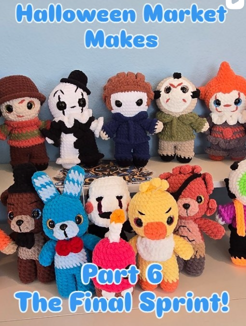 A collection of crocheted Halloween characters and plush toys displayed against a light blue background with text reading 'Halloween Market Makes Part 6 The Final Sprint!'