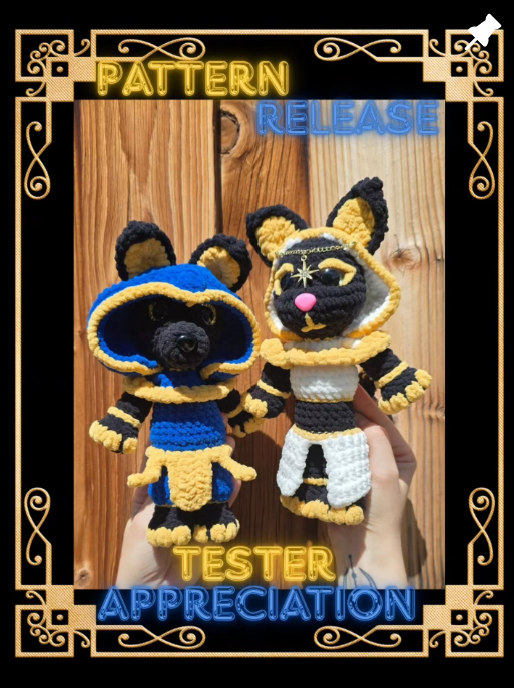 Two crocheted animal plush dolls, one resembling a ninja cat in a blue and yellow hooded outfit, and the other a black and yellow feline with a white coat and star accessories, held against a wooden background, with decorative text and border.