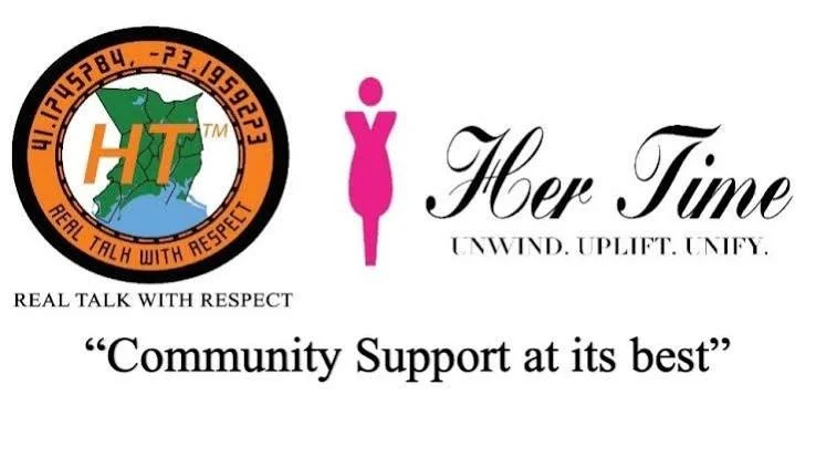A logo with a map of the United States, the letters 'HT' in the center, and the text 'Real talk with respect'. Next to it, a pink silhouette of a woman. To the right, the words 'Her Time' in elegant script, with the phrases 'Unwind. Uplift. Unify.' b