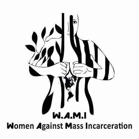 A black and white illustration of a woman with plant-like features and striped pattern on her arms and torso, representing a protest against mass incarceration, with the text "W.A.M.I Women Against Mass Incarceration" at the bottom.