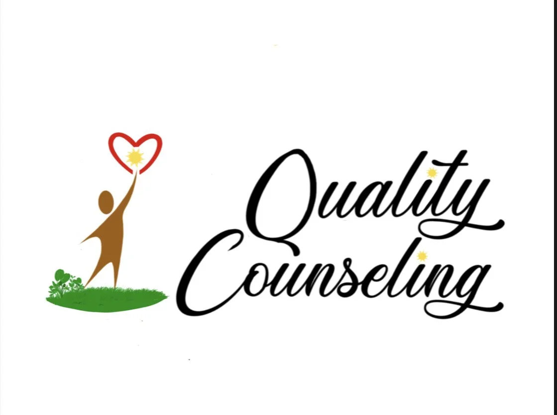 A logo for Quality Counseling features a stylized brown human figure holding a red heart with a yellow center, standing on a green patch of grass with small plants, accompanied by the words 'Quality Counseling' in black cursive text with yellow star-