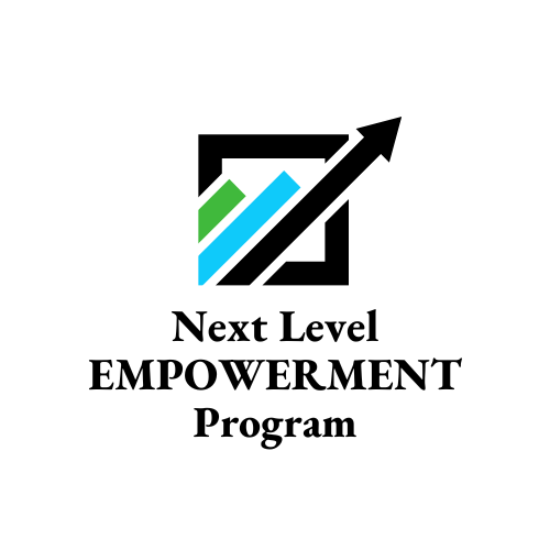 Logo with upward trending arrow, green and blue lines inside a black square outline, and text that reads "Next Level Empowerment Program".