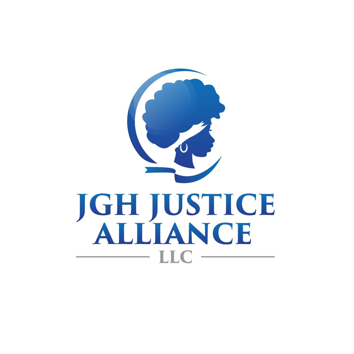 A logo featuring a silhouette of a woman's profile with an afro hairstyle, wearing a hoop earring. The text below reads "JGH Justice Alliance LLC" in blue and gray fonts.