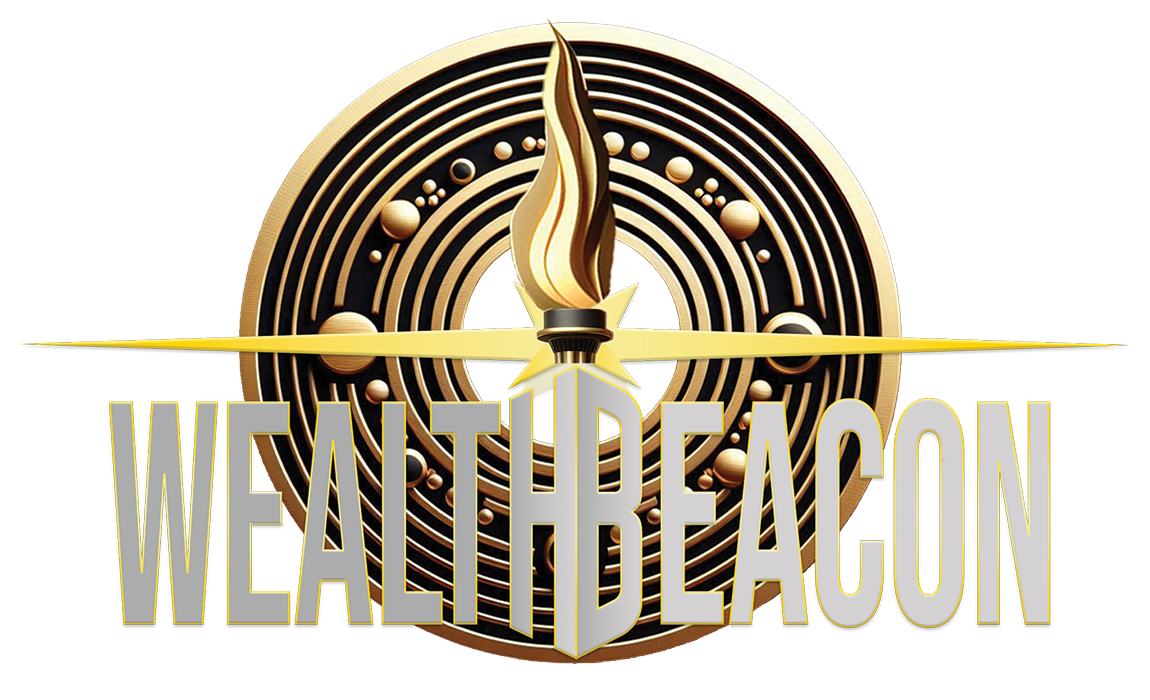 A logo featuring a golden flame above a black and gold compass with concentric circles and dots. The words 'WEALTHBEACON' are written in large, gray capital letters at the bottom of the logo.
