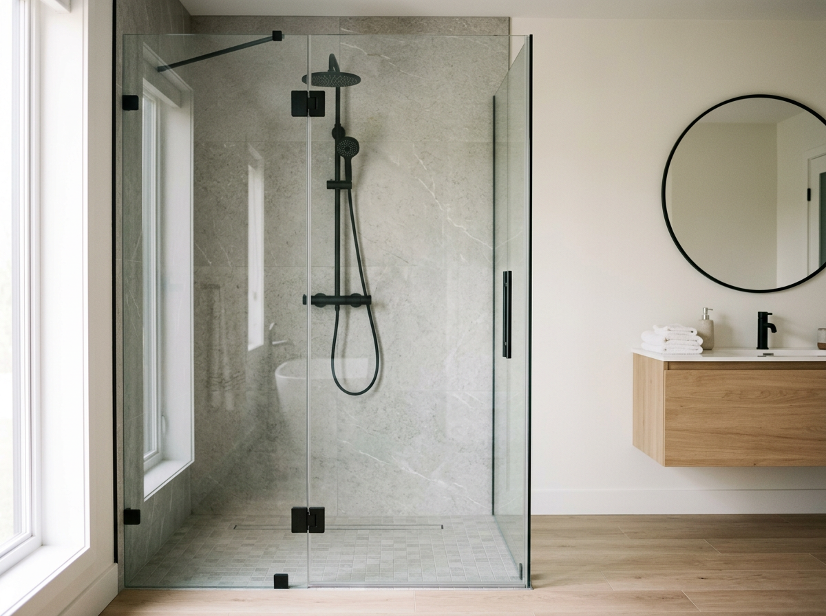 Modern bathroom with a glass shower enclosure, a pebble tile floor, and a wooden vanity with folded towels.