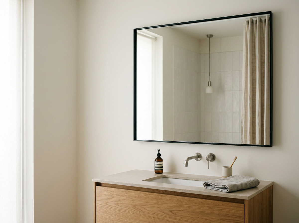 Minimalist bathroom with a floating wooden vanity, a large rectangular mirror, a soap dispenser, a rolled towel, and a hanging pendant light reflected in the mirror.