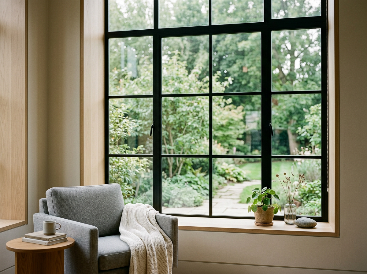 A cozy interior scene with a gray armchair draped with a white blanket, a small wooden side table with a cup and stack of books, and a large window overlooking a lush green garden with trees and plants.