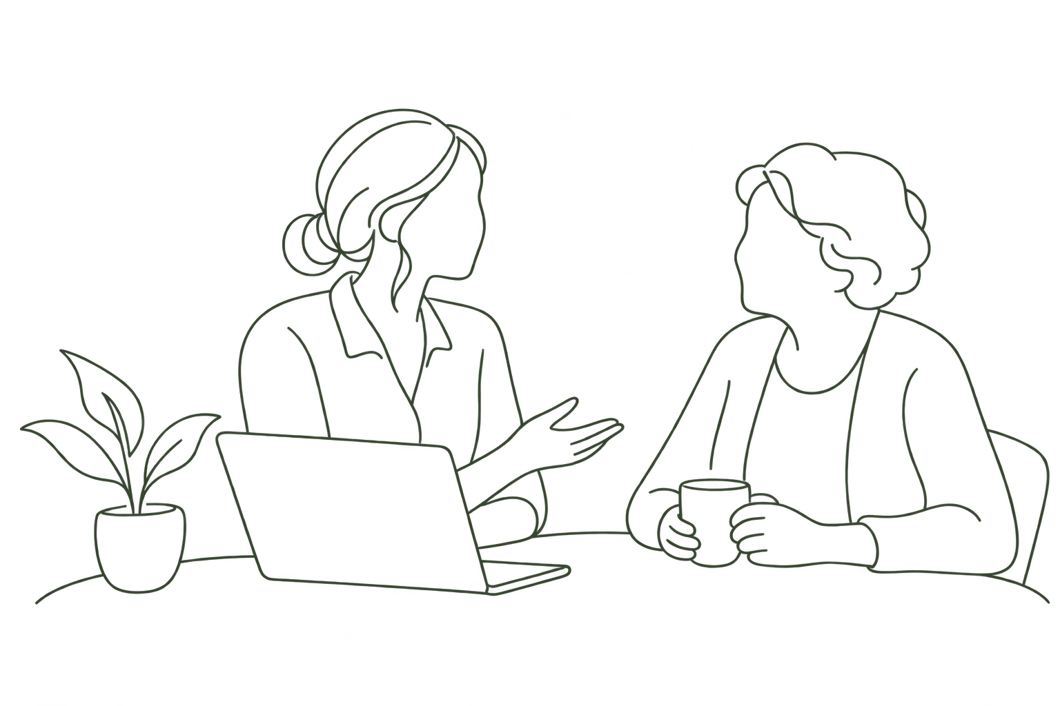 A line drawing of two women sitting at a table, engaged in conversation. One woman gestures with her hand, while the other holds a mug. There is a potted plant on the table, and a laptop in front of the woman on the left.