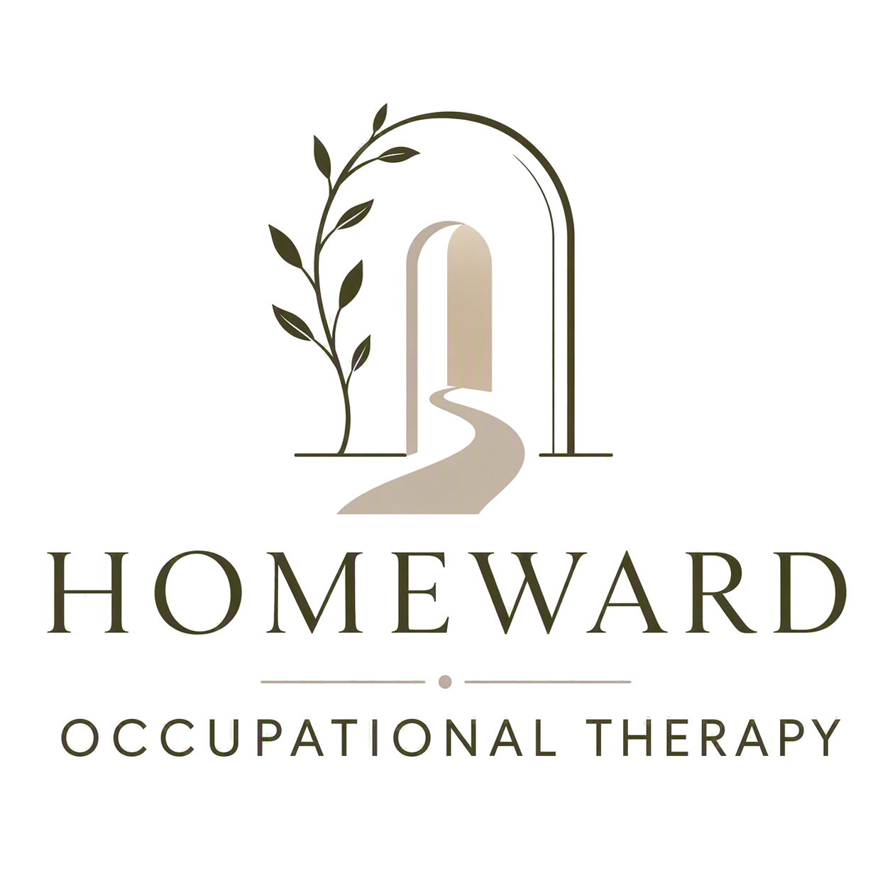 Logo with an arched doorway, a winding path, and a plant, with the words "Homeward Occupational Therapy" underneath.
