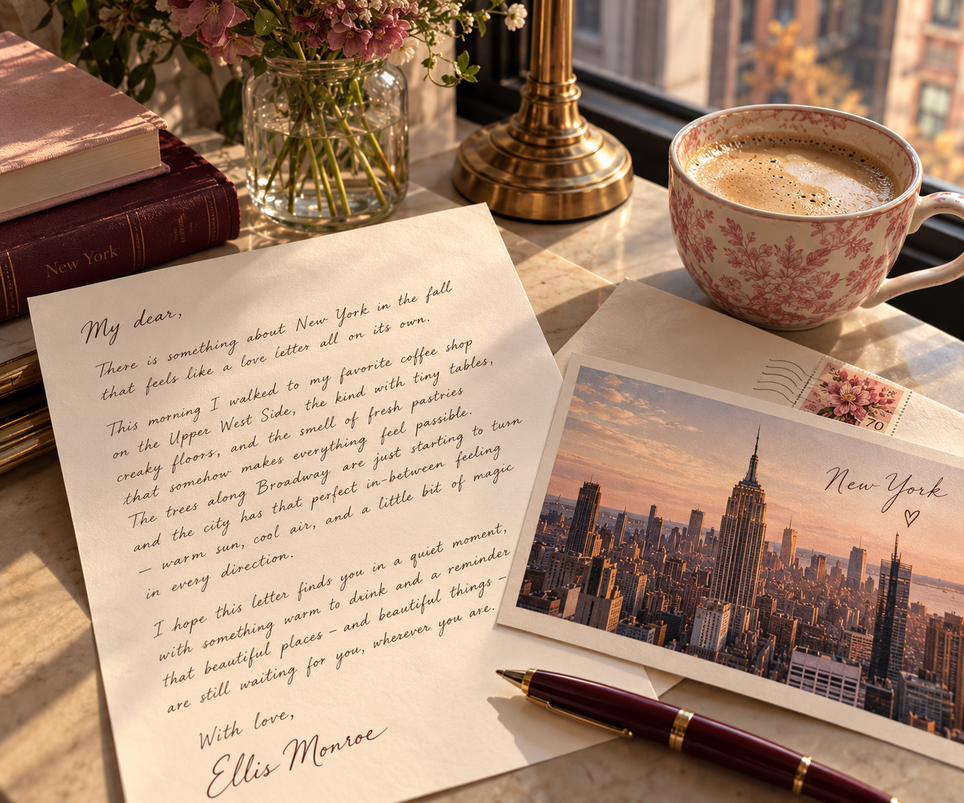 A cozy desk scene with a handwritten letter, a picture of New York City during sunset, a cup of coffee in a floral mug, a pen, a bouquet of pink and purple flowers in a glass vase, a gold lamp, and a couple of books, near a window showing a cityscape.