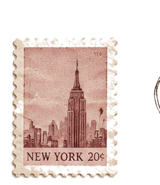 Vintage postage stamp featuring the Empire State Building and New York City skyline, with a 20-cent denomination.
