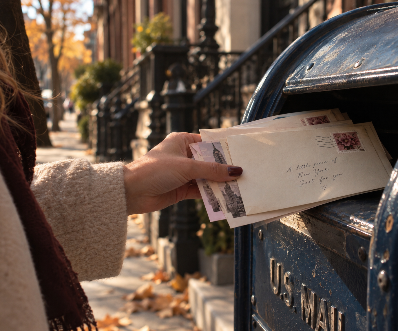 A person inserting letters into a blue USPS mailbox on a sidewalk lined with trees and brownstone buildings on a sunny autumn day.
