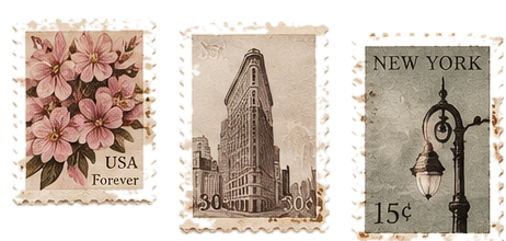Three vintage postage stamps featuring pink flowers, a tall building, and a street lamp in New York.
