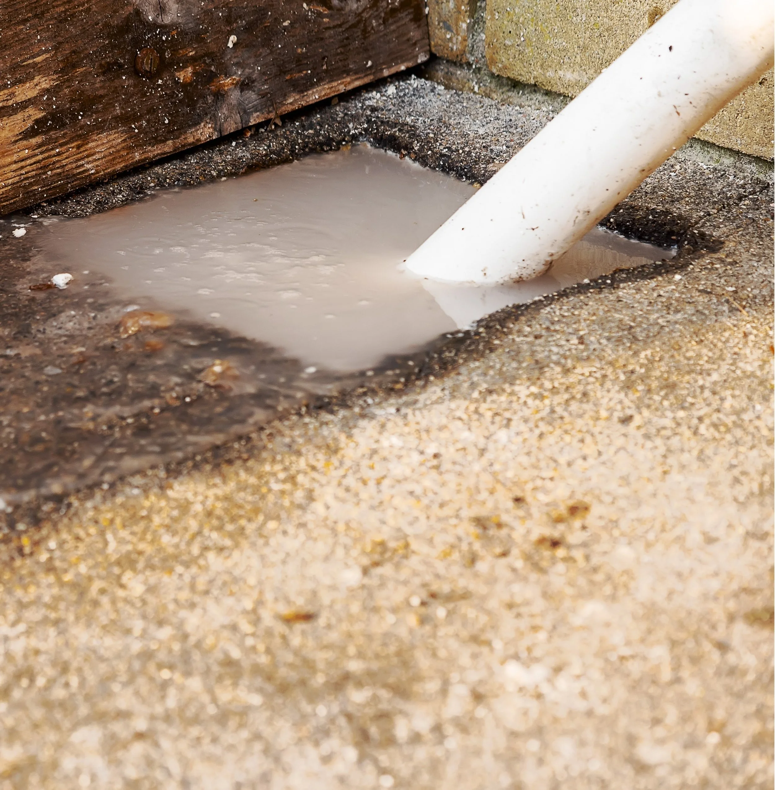 Close-up of a clogged basement drain with muddy water, a wooden plank, and a white pipe.