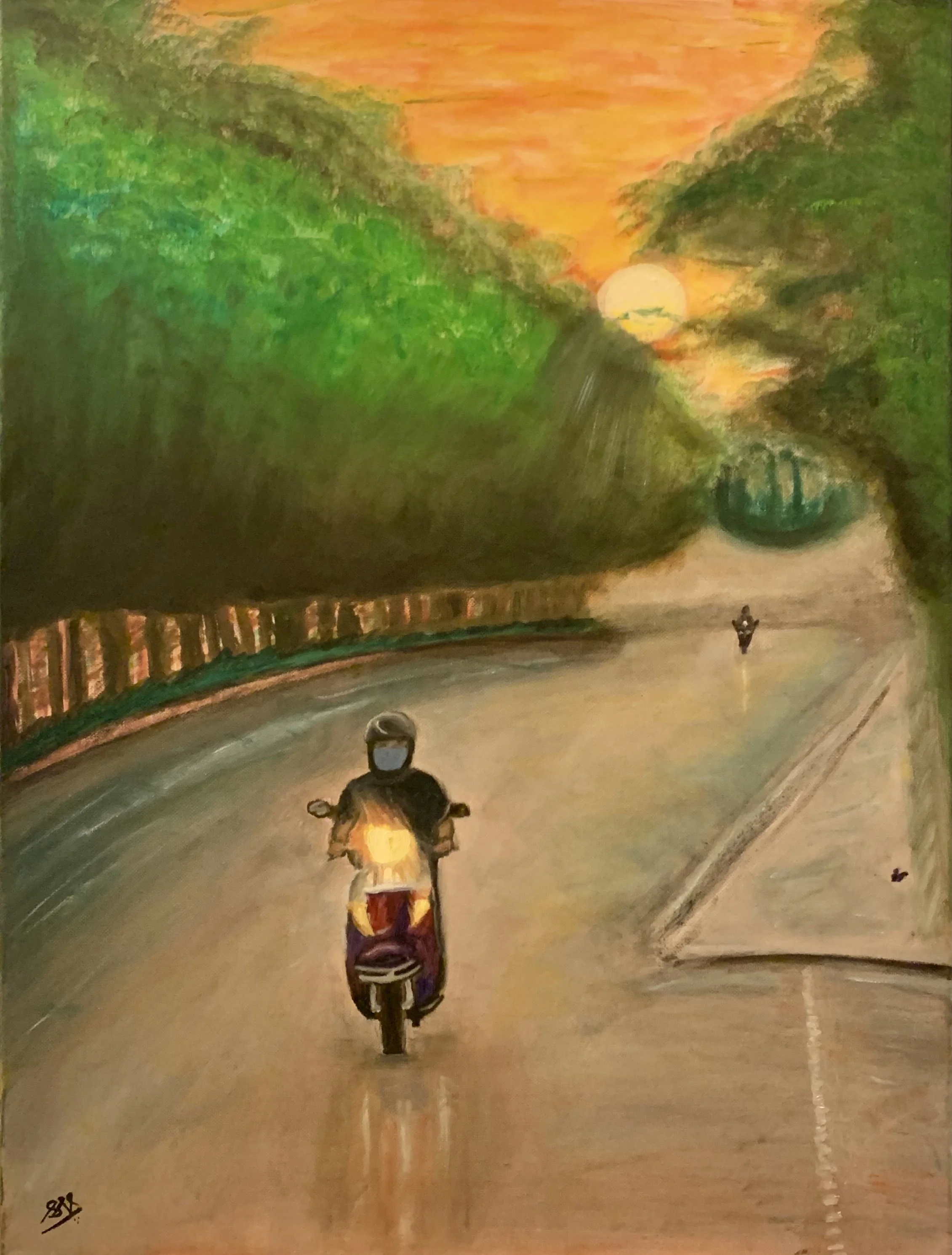 Scooterist in Covid Times — oil on canvas, 24 × 30 in