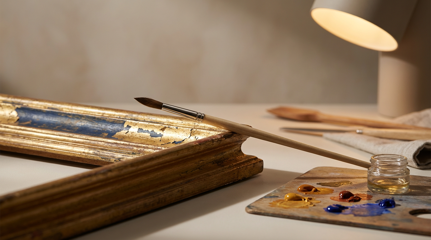 Paintbrush resting on a wooden frame with chipped gold paint, near a palette with yellow, brown, red, and blue paint, and a small jar of water, with additional paintbrushes and a rolled cloth in the background under a warm overhead light.