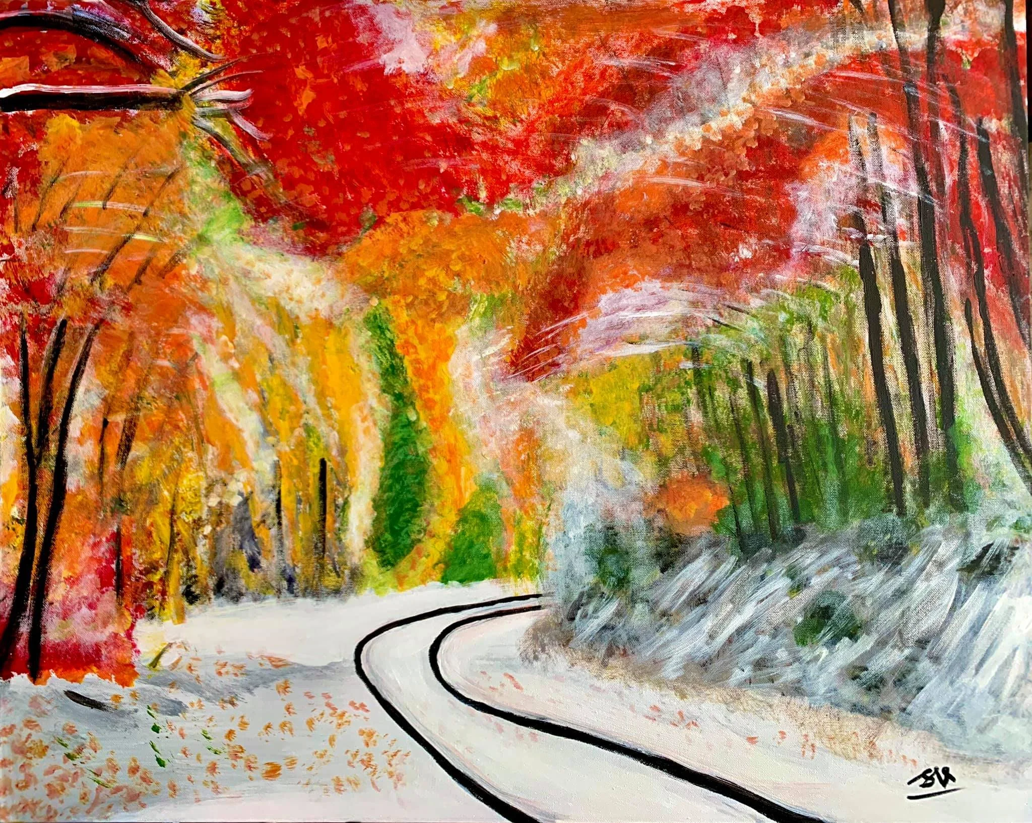 Fall Colors in Snow — acrylic on canvas, 30 × 24 in, after a photograph by Craig Goodrich